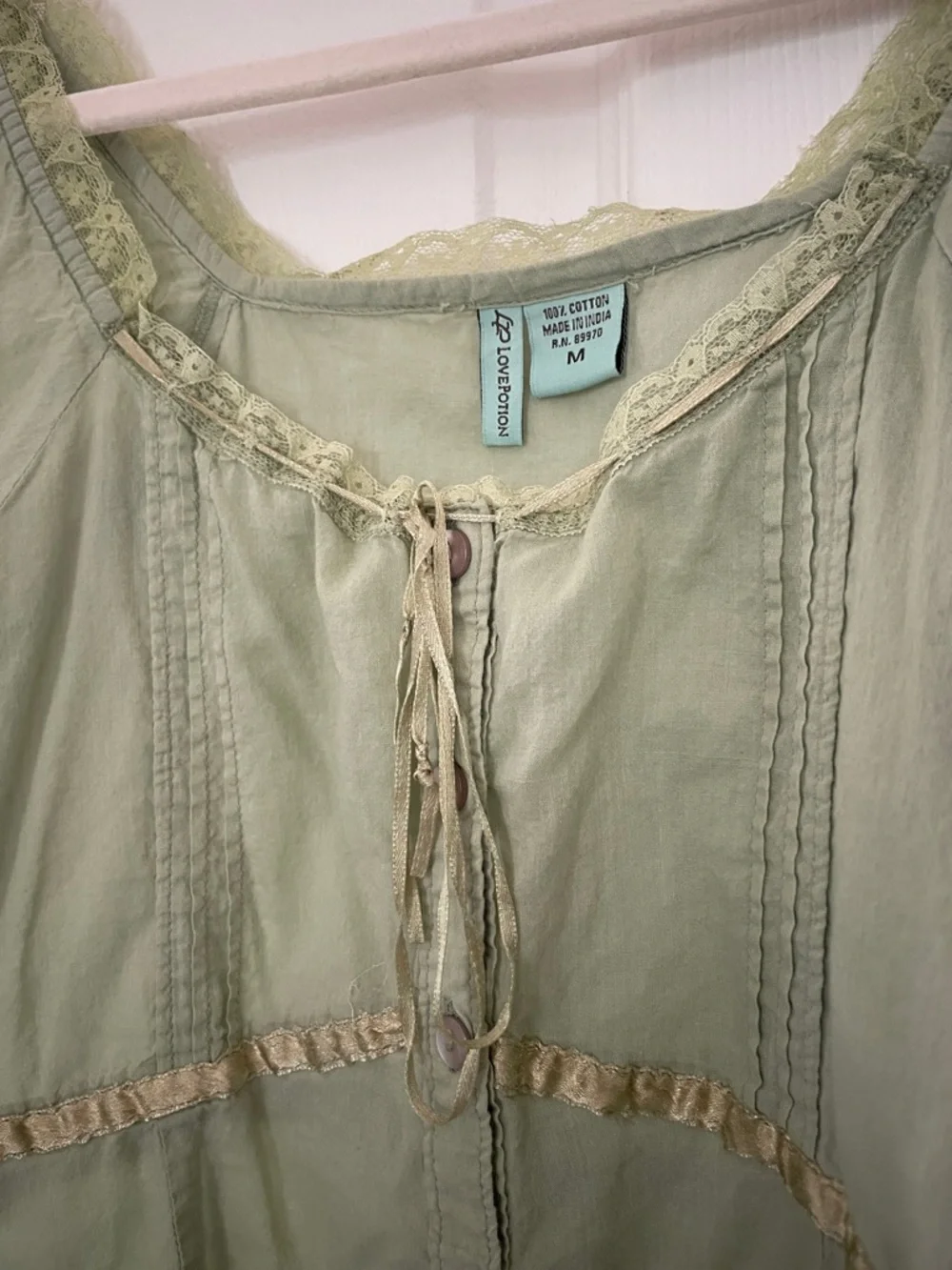 Free People Sage Green Button-Front Boho Blouse - Picture 2 of 4